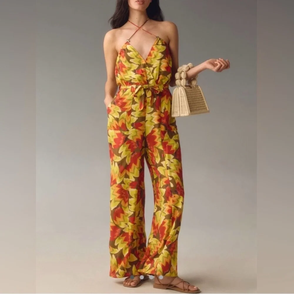 NWT FARM Rio Yellow/Red Multicolor Halter Leaf Boho Jumpsuit, Size XL - Picture 1 of 10